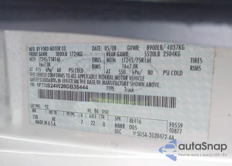 2008 Ford E-250 Commercial from USA, damaged, VIN 1FTNS24W28DB38444